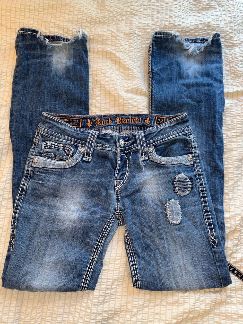 Vintage Rock Revival Low Rise Patched Distressed Alanis Boot Jeans 28